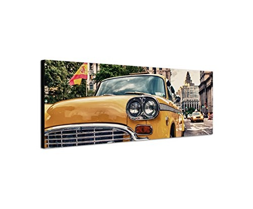 Wandbild auf Leinwand als Panorama in 120x40cm New York Straße Gebäude Taxi alt Vintage