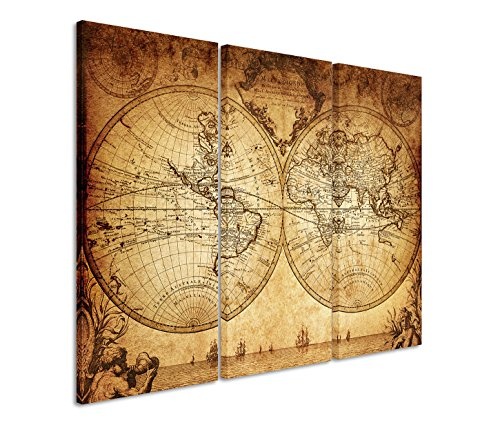 Modernes Bild 3 teilig je 40x90cm Künstlerische Fotografie - Weltkarte von 1733 in Sepia