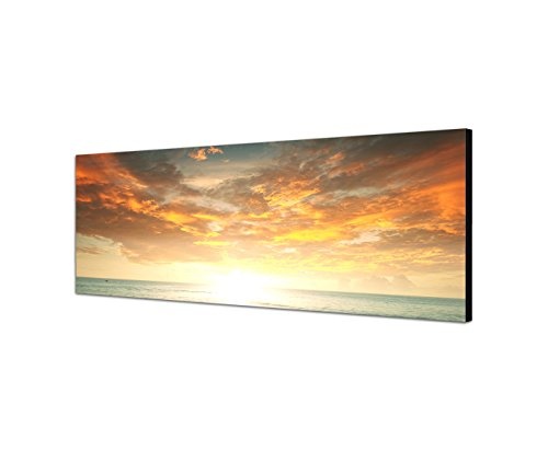 Wandbild auf Leinwand als Panorama in 120x40cm Strand Meer Sonnenuntergang Wolken mit schönen warmem Tönen