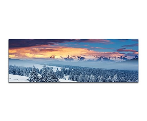 Wandbild auf Leinwand als Panorama in 120x40 cm Toller Sonnenaufgang in den Bergen die Schneebedeckt sind. Bäume verschneit. Bild in tollen Farben die wärme ins Zimmer bringen.