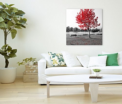 Modernes Bild 80x80cm Künstlerische Fotografie - Leere Parkbank mit rotem Herbstbaum