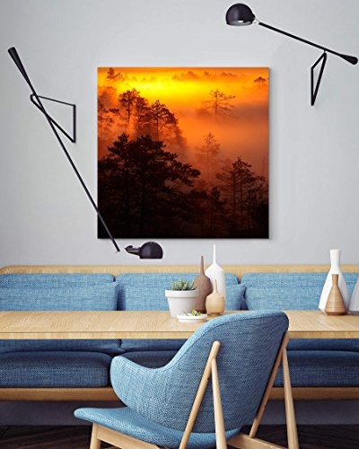Leinwandbild quadratisch 90x90cm Sonnenaufgang über dem Wald - warme Farben