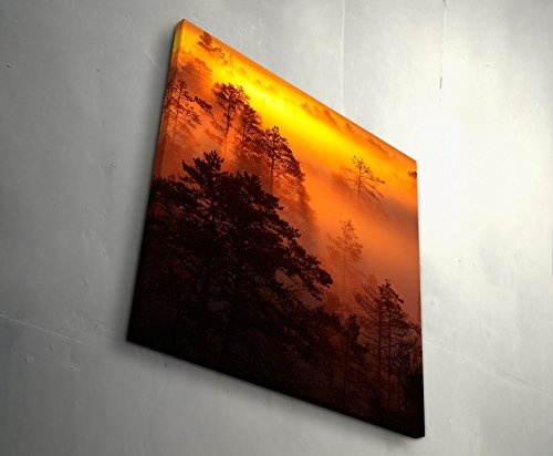 Leinwandbild quadratisch 90x90cm Sonnenaufgang über dem Wald - warme Farben