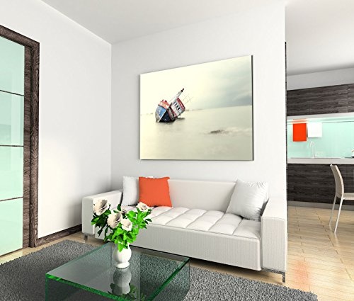 Modernes Bild 90x60cm Illustration - Wolkenkratzer von obenSinkendes Schiff im Meer
