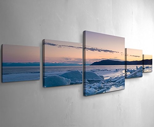 Leinwandbild 5 teilig (160x50cm) Sonnenuntergang am gefrorenen See