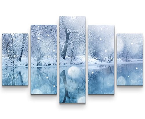 5 teiliges Wandbild auf Leinwand (Gesamtmaß: 150x100cm) Fotografie - Winterlandschaft mit Fluss und Schneefall