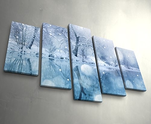 5 teiliges Wandbild auf Leinwand (Gesamtmaß: 150x100cm) Fotografie - Winterlandschaft mit Fluss und Schneefall