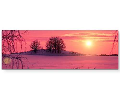 Panoramabild auf Leinwand in 150x50cm Pinker Sonnenuntergang über schneebedeckten Feldern
