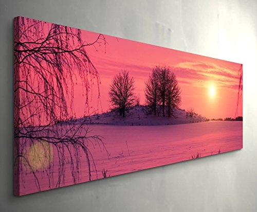 Panoramabild auf Leinwand in 150x50cm Pinker Sonnenuntergang über schneebedeckten Feldern