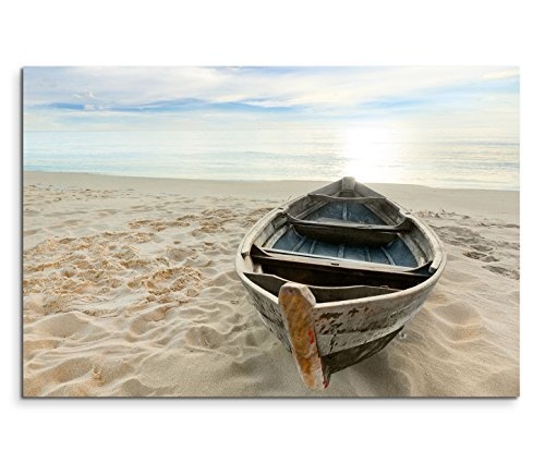 Modernes Bild 90x60cm Landschaftsfotografie - Einsames Boot am Sandstrand