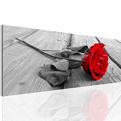 bestforhome Rose in schwarz-weiß mit roten Blättern, 120x50cm auf Leinwand