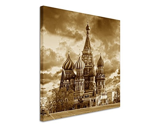 Sinus Art 60x60cm Wandbild Fotoleinwand Bild in Sepia Moskau Russland Roter Platz Basilius-Kathedrale Kirche