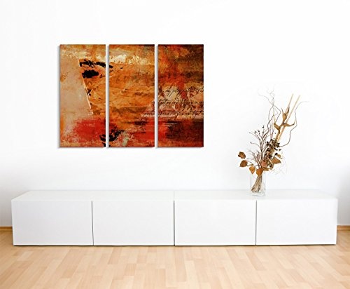 130x90 cm 3teiliges Leinwandbild Abstraktes Wandbild ! Fotoleinwand rot orange beige gemalt Grunge