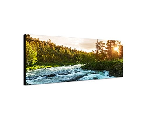 Wandbild auf Leinwand als Panorama in 120x40cm Norwegen Wald Bäume Fluss Sonnenstrahlen
