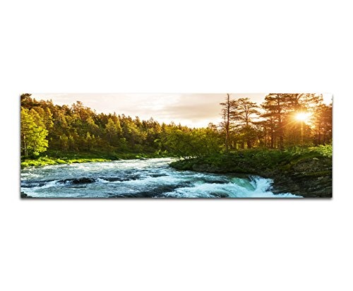 Wandbild auf Leinwand als Panorama in 120x40cm Norwegen Wald Bäume Fluss Sonnenstrahlen