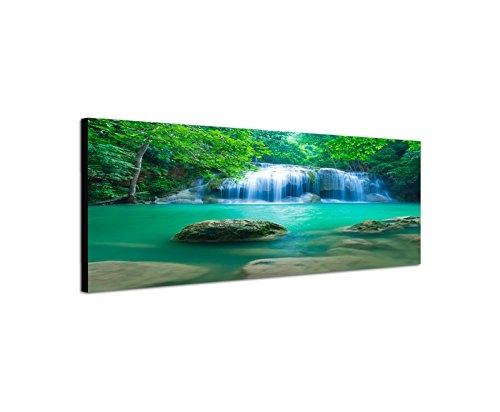 Wandbild auf Leinwand als Panorama in 120x40cm Leinwandbild Thailand Nationalpark mit Wasserfall im Jungle! Pure Natur in tollen Farben. Kein Poster!!!