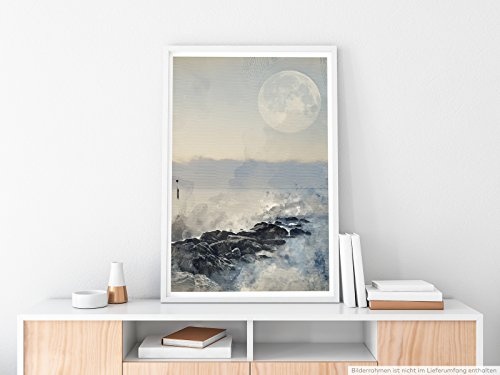 Best for home Artprints - Bild - Wasserfarben Landschaft mit Vollmond an der Küste- Fotodruck in gestochen scharfer Qualität