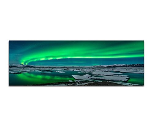 Wandbild auf Leinwand als Panorama in 120x40 cm Tolles Landschaftsbild von Iceland ( Island )! Am Himmel sind die Polarlichter! Eisschollen auf dem Wasser.