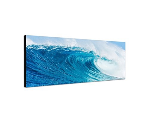 Wandbild auf Leinwand ( Leinwandbild ) als Panorama in 120x40 cm Große Welle bricht im Ozean! Schöne blaue Farben! Natur! Die Gewalt des Wassers!