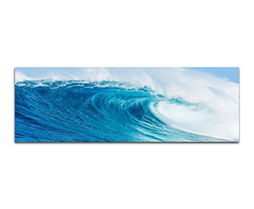 Wandbild auf Leinwand ( Leinwandbild ) als Panorama in 120x40 cm Große Welle bricht im Ozean! Schöne blaue Farben! Natur! Die Gewalt des Wassers!