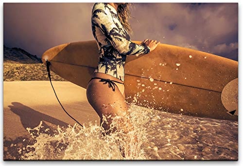 bestforhome 180x120cm Leinwandbild Surferin geht ins Wasser Leinwand auf Holzrahmen