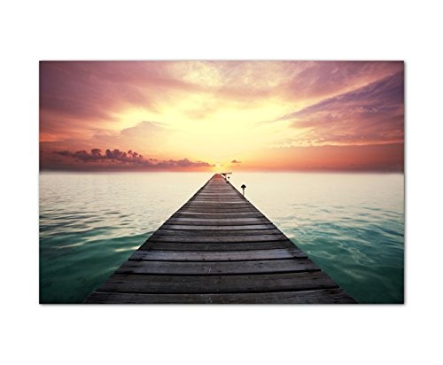 120x80 cm - Holz Steg im Wasser im Sonnenuntergang in tollen Farben rot und blau! Himmel mit Wolken und Sonnenstrahlen - Bild auf Keilrahmen modern stilvoll - Bilder und Dekoration