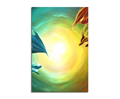 Fire Dragon vs Water Dragon 90x60cm Bild als schoener Kunstdruck auf echter Leinwand als Wandbild auf Keilrahmen