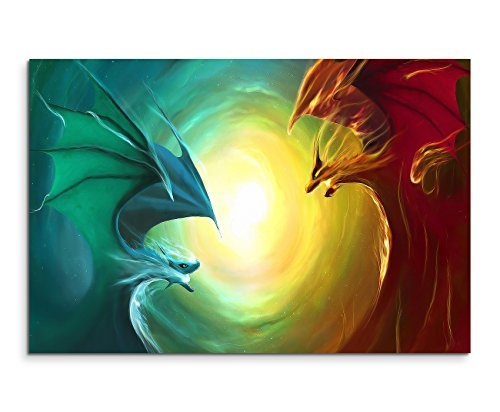 Fire Dragon vs Water Dragon Wandbild 120x80cm XXL Bilder und Kunstdrucke auf Leinwand