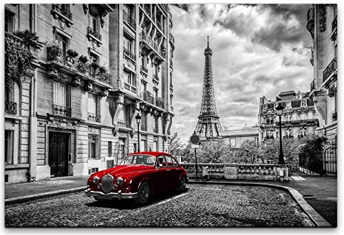 bestforhome 120x80cm Leinwandbild roter Oldtimer in Paris Altstadt mit Eiffelturm schwarz-weiß Leinwand auf Holzrahmen