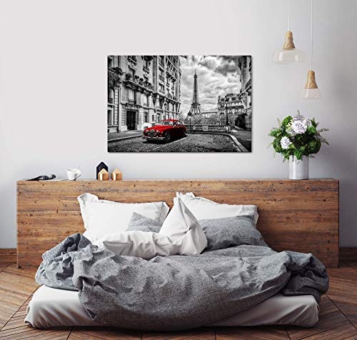 bestforhome 120x80cm Leinwandbild roter Oldtimer in Paris Altstadt mit Eiffelturm schwarz-weiß Leinwand auf Holzrahmen