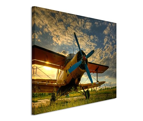 Modernes Bild 120x80cm Künstlerische Fotografie - Altes Flugzeug auf grünem Gras im Sonnenschein
