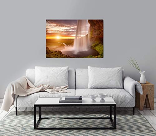 bestforhome 150x100cm Leinwandbild Wasserfall auf Island bei Sonnenuntergang Leinwand auf Holzrahmen