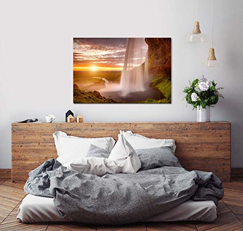 bestforhome 150x100cm Leinwandbild Wasserfall auf Island bei Sonnenuntergang Leinwand auf Holzrahmen