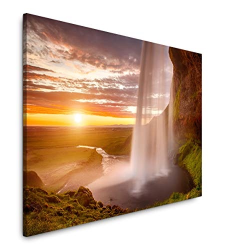 bestforhome 150x100cm Leinwandbild Wasserfall auf Island bei Sonnenuntergang Leinwand auf Holzrahmen