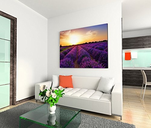 Modernes Bild 120x80cm Landschaftsfotografie - Traumhafte Lavendelfelder bei Sonnenuntergang