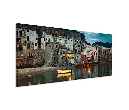 Modernes Bild 150x50cm Landschaftsfotografie - Harmonischer Hafen in Cefalu Sizilien