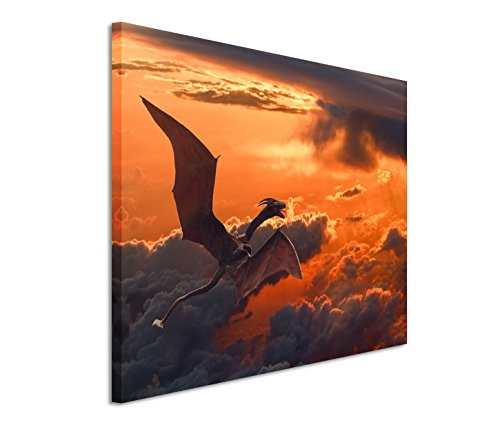 Modernes Bild 120x80cm Bild - Fliegender Drache im Feuerhimmel