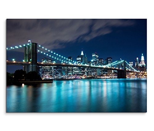 Modernes Bild 120x80cm Urbane Fotografie - Brooklyn Bridge bei blauer Nacht in New York USA