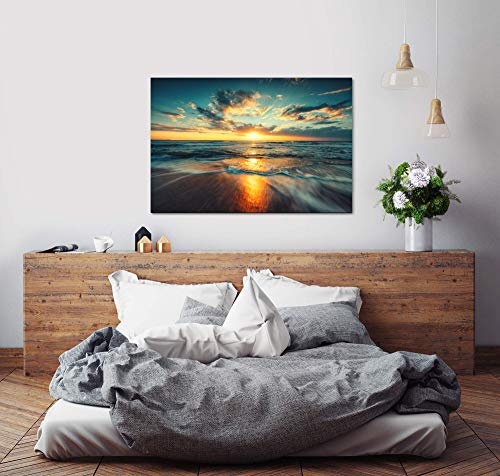 bestforhome 150x100cm Leinwandbild Sonnenuntergang am Strand Leinwand auf Holzrahmen