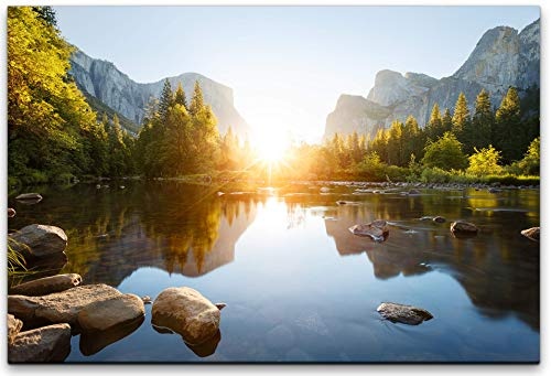 bestforhome 150x100cm Leinwandbild Bergsee im Yosemite Tal, Sonne spiegelt Sich im See Leinwand auf Holzrahmen