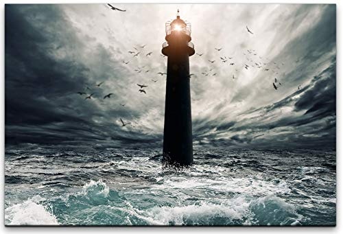 bestforhome 150x100cm Leinwandbild Leuchtturm im Meer bei Sturm Leinwand auf Holzrahmen