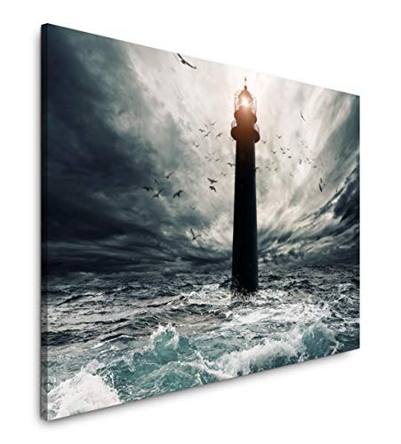 bestforhome 150x100cm Leinwandbild Leuchtturm im Meer bei Sturm Leinwand auf Holzrahmen