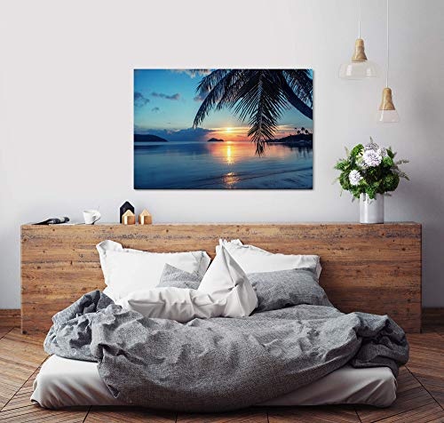 bestforhome 180x120cm Leinwandbild Sonnenaufgang an einem tropischen Strand mit Palmen Leinwand auf Holzrahmen