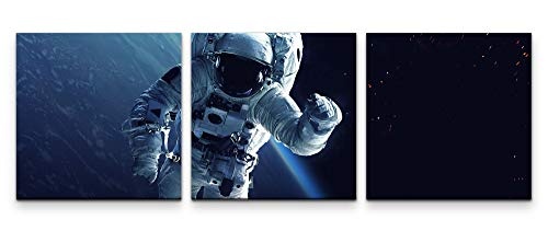 EAUZONE GmbH Astronaut im Weltall 220 x 70cm - 3 Bilder je 70x70cm Bild XXL Panorama Deko Wandbilder auf Leinwand