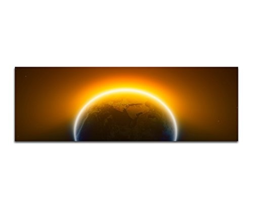 Wandbild auf Leinwand als Panorama in 120x40 cm Das Weltall in tollen Farben! Unsere Erde vor der Sonne.