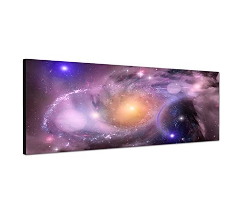 Wandbild auf Leinwand als Panorama in 120x40 cm Leinwandbild mit einer Galaxie,Sterne, Mond und Planeten! Das Weltall in schönsten Farben. Keine Poster! Hochwertiger Digitaldruck!