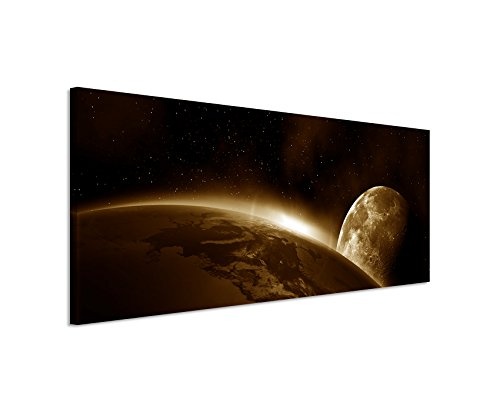 150x50cm Wandbild Panorama Fotoleinwand Bild in Sepia Weltall Erde Mond Sonnenaufgang