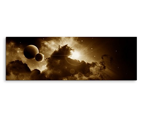 150x50cm Wandbild Panorama Fotoleinwand Bild in Sepia Fantasy Weltall Planeten im Nebel