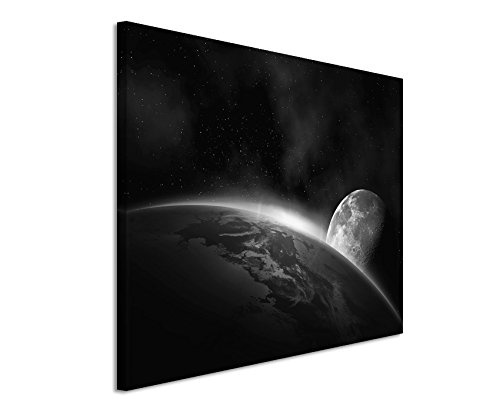 50x70cm Wandbild Fotoleinwand Bild in Schwarz Weiss Weltall Erde Mond Sonnenaufgang