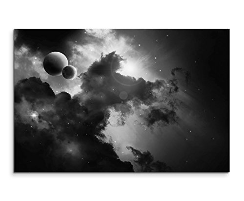 50x70cm Wandbild Fotoleinwand Bild in Schwarz Weiss Fantasy Weltall Planeten im Nebel